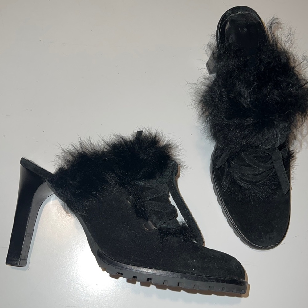 Coach high heeled lug sole mules Kristy high heel size 8 suede shearling